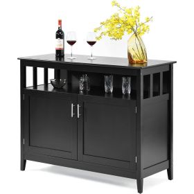 2-Door Dining Buffet, Sideboard Cabinet, Open Storage Shelf, Black Wood