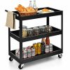 Utility Cart on Wheels, Black Steel Frame Kitchen Serving with 2 Bottom Shelves