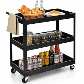Utility Cart on Wheels, Black Steel Frame Kitchen Serving with 2 Bottom Shelves
