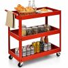 Cart on Wheels, Red Steel Frame Kitchen Serving Utility with 2 Bottom Shelves