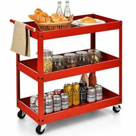 Cart on Wheels, Red Steel Frame Kitchen Serving Utility with 2 Bottom Shelves