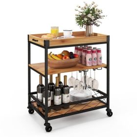 Serving Cart, On Wheels, Modern Metal Wood, Kitchen Island with Removable Top Tray
