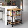 Serving Cart, On Wheels, Modern Metal Wood, Kitchen Island with Removable Top Tray