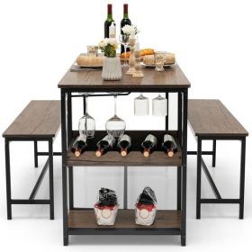 3-Piece Metal Wood Dining Set, Modern Industrial, 2 Benches, Wine Rack