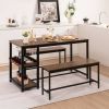 3-Piece Metal Wood Dining Set, Modern Industrial, 2 Benches, Wine Rack