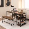 3-Piece Metal Wood Dining Set, Modern Industrial, 2 Benches, Wine Rack