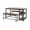 3-Piece Metal Wood Dining Set, Modern Industrial, 2 Benches, Wine Rack