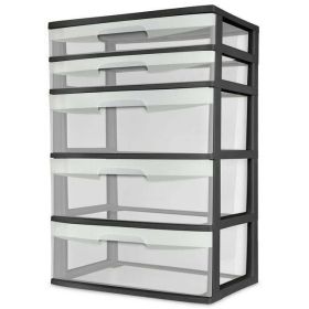 5 Drawer Wide Tower, 5 Clear Drawers, Black Frame