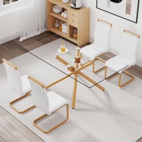 A table, 4 chairs. Glass dining table, 0.39" tempered glass top, wooden metal legs, PU leather high backrest cushioned chairs