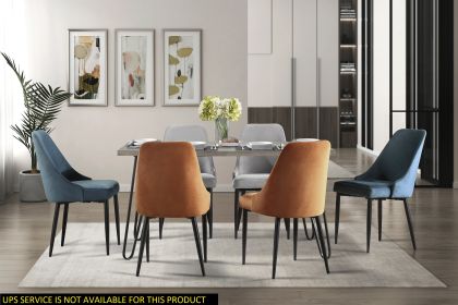 7pc Dining Set Table, Modern Sleek Design, 6 Chairs, Blue Orange Gray Velvet Upholstered Metal Frame Stylish