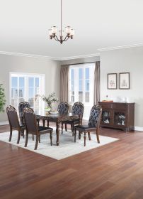 7pc Dining Set,  Brown Finish Table, 6 Chairs, Rubber wood Intricate Design, Tufted back Cushion Seat
