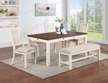 6pc Dining Set, Luxury Look, Table w Drawers, 4 Chairs, 1 Bench, White Rubberwood Walnut Acacia Veneer Slat Back Chairs