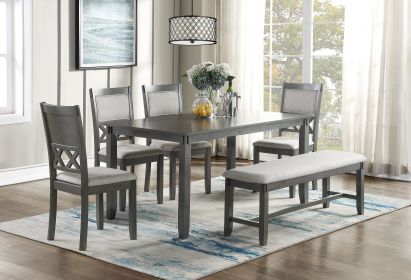 6pc Dining Set, Gray Color, Unique Modern Table, 4 Chairs and 1 Bench, Solid wood, Rubberwood and veneers