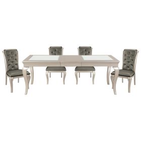 5pc Dining Set,  Silver Finish Table with Extension Leaf, 4 Chairs ,Crystal Button-Tufted Traditional Style