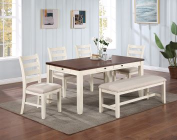 6pc Dining Set, Luxury Look, Table w Drawers, 4 Chairs, 1 Bench, White Rubberwood Walnut Acacia Veneer Ladder Back Chairs