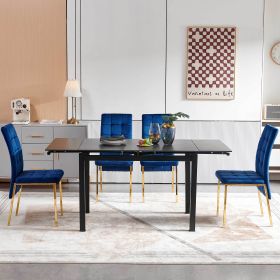 5-Pieces Slate Dining Table Set, Blue Velvet High Back Golden Color Legs