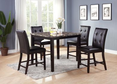 5pc Dining Set, Contemporary Counter Height, 4 Chairs, Brown Finish, Birch Faux Marble Top, Tufted Chair Cushions