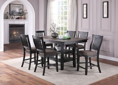 7pc  Dining Table Set, Dark Coffee, Rubberwood, Counter Height, 2 Shelfs, 6 Chairs, Fabric Upholstered seats Unique Backs