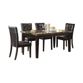 5pc Dining Set, Espresso Finish, Faux Marble Top, Button-Tufted, 4 Chairs, Casual Transitional Dining Furniture