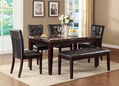 6pc Dining Set, Espresso Finish, Faux Marble Top, Table Bench, Button-Tufted, 4 Chairs, Casual Transitional