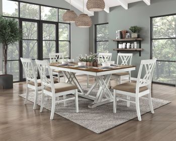 7pc Dining Set, White and Oak Finish Table, Extension Leaf, 6 Chairs, Upholstered Seats, Charming Traditional
