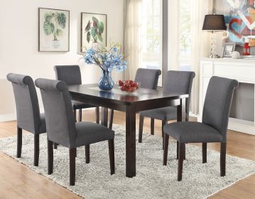 7pc Dining Set, Contemporary Dining Table, Blue Grey Poly fiber Upholstery, 6 Chairs, Cushion Seats