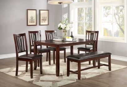 6pc Dining Set, Espresso Color, Table, 4 Chairs, 1 Bench, Solid wood, Rubberwood and veneers