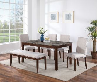 6pcs Dining Set, Modern Dining Table, 4 Chairs, 1 Bench, Beige Polyfiber, Rubberwood Nailheads Faux Marble Top