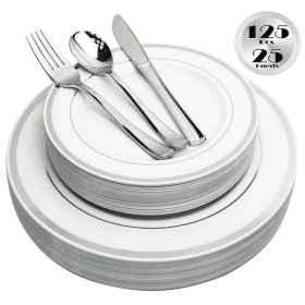 125 Piece Silver Plastic Plates & Cutlery Set, Re-usable Recyclable Plastic Plates with Silver Rim & Silverware, 25 Dinner Plates