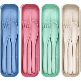 4 Pack Reusable Travel Utensils Set with Case, Wheat Straw Portable Knife Fork Spoons Tableware