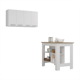 Kitchen Island and Upper Wall Cabinet, 5-Shelf 4-Door 2-piece Kitchen Set,  White and Light Oak