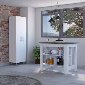 Island and Pantry Cabinet, Meriden,  2-Piece Kitchen Set, White and Onyx