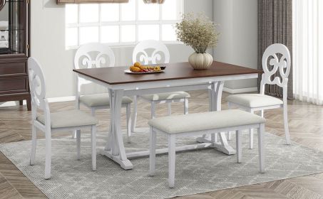 Mid-Century 6-Piece Trestle Table Set, Victorian Round, Upholstered Chairs, Long Bench, Cherry+Antique White