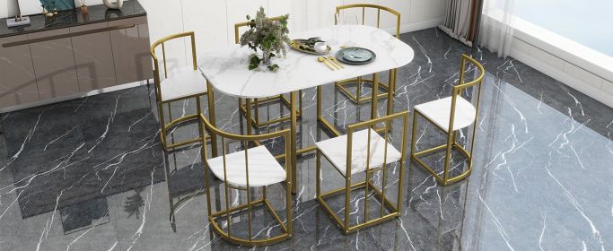 7-Piece Dining Table Set, Modern, Faux Marble, Compact 55Inch Kitchen Table, Set for 6, Golden+White
