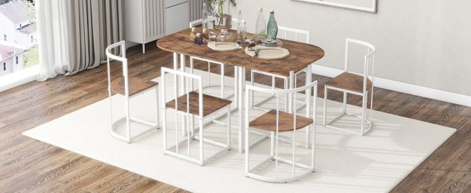 7-Piece Dining Table Set, Faux Marble, Compact 55Inch Kitchen Table Set for 6, Modern White+Cherry