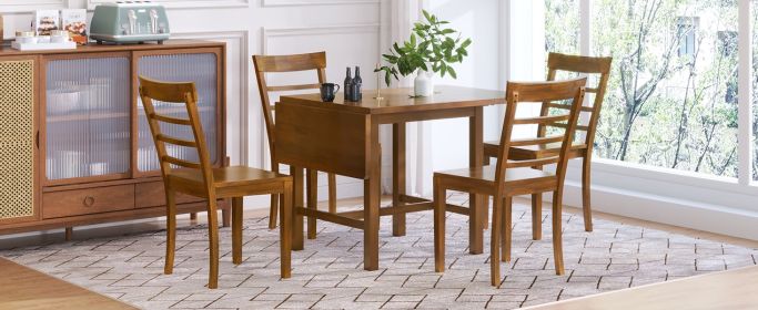 5-Piece Wood, Square Drop Leaf, Extendable Dining Table Set with 4 Ladder Back Chairs for Small Places, Brown