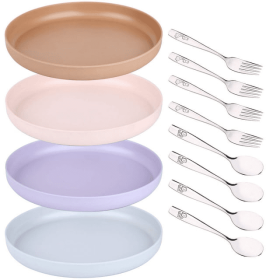 Bamboo Plates and Stainless Steel Silverware Set – (12-Piece) 4 Plates 8 Inch, 4 Forks and 4 Spoons – Eco-Friendly BPA Free