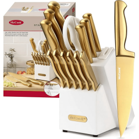 15 Pieces Golden Titanium Kitchen Knife Block Set with Built-in Sharpener