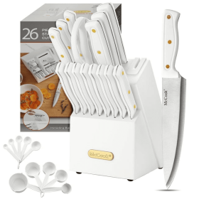 Knife Set with Block, 26pcs, White Kitchen Knife Set, with Sharpener, with Measuring Cups, Cooking Spoons