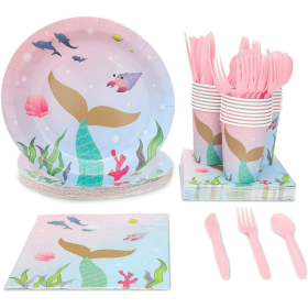 Mermaid Birthday Party Supplies, 144pcs, Dinnerware Set with Plates, Napkins, Cups, Cutlery (Serves 24)