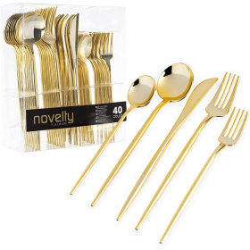 Gold Plastic Silverware Set, 40pc, Disposable, Spoons, Knives, Forks, and Teaspoons, Service for 8