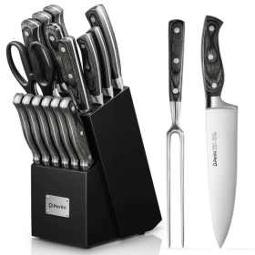 16pc Knife Set, with Block and Wooden Handle, German Stainless Steel, Black