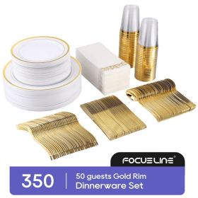 Plastic Gold Rim Dinnerware Set, 350 Piece