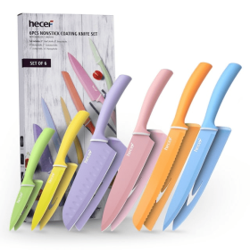 Knife Set, 6pcs, Colorful Coated Stainless Steel Knives with Blade Guards, Hecef