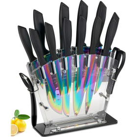 Knife Set, 16pcs, Rainbow Titanium Coating, Clear Acrylic Knife Block is STUNNING, Serrated Steak Knives