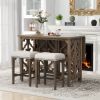 Pub Set Foldable Table with 2 Saddle Stools, TREXM 3-Piece Retro Dining Set, Solid Wood Counter Height, Distressed Brown