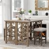 Pub Set Foldable Table with 2 Saddle Stools, TREXM 3-Piece Retro Dining Set, Solid Wood Counter Height, Distressed Brown
