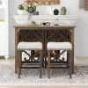 Pub Set Foldable Table with 2 Saddle Stools, TREXM 3-Piece Retro Dining Set, Solid Wood Counter Height, Distressed Brown