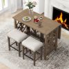 Pub Set Foldable Table with 2 Saddle Stools, TREXM 3-Piece Retro Dining Set, Solid Wood Counter Height, Distressed Brown