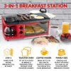Electric Breakfast Station, 3-in-1 Family Size, Coffeemaker, Griddle, Toaster Oven - Retro Red, Nostalgia
